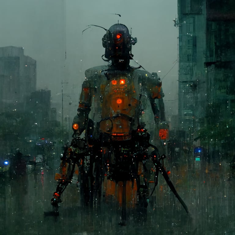prompthunt: Cyberpunk, rainy day, 100 meter tall robot, orange light ...