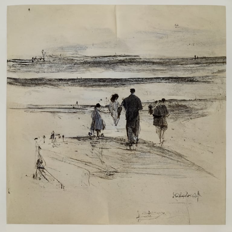 on a sunny day at the seaside many people are enjoying the waves while a few children are building sandcastles. A young couple can be seen walking hand in hand by the beach, pencil sketch