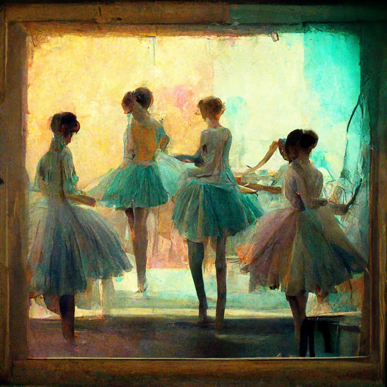 prompthunt: Degas Ballerinas in the dance studio in pastel colors and  bright lighting