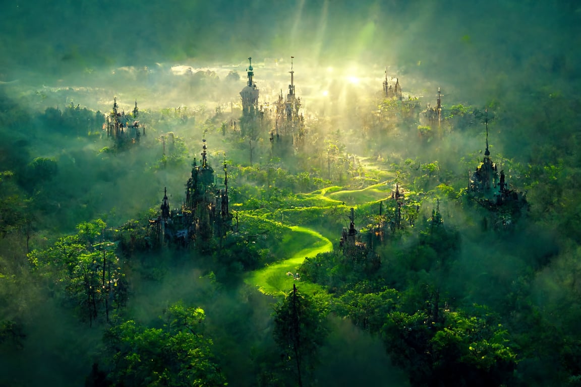 prompthunt: Iconic elven forest city, soft lighting, sunbeams breaking  through green and lush forest patches, droneshot, fantasypunk fairycore