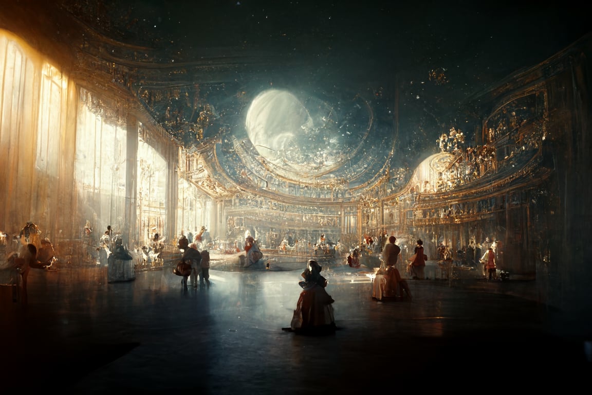 French Baroque Space Opera Theater, diffuse ethereal, in the style of Sisley, light, high key, octane render