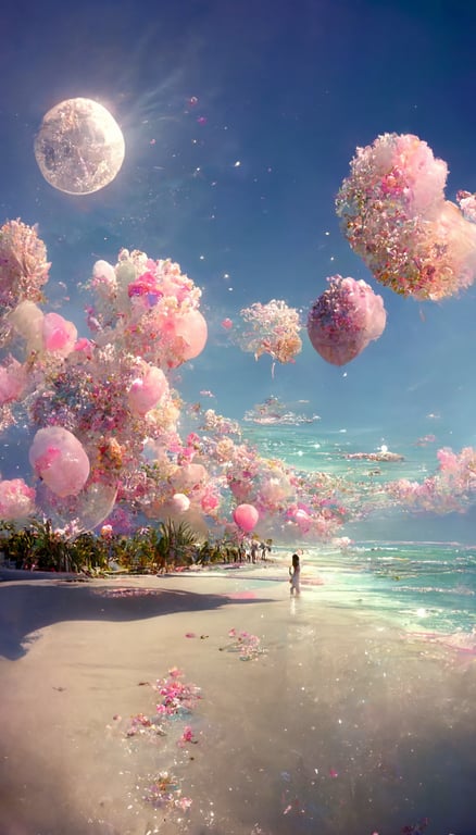 prompthunt: This is a surreal and sophisticated CG rendering. blue sky, the  beach, coconut trees, and the beach are floating with many pink roses,  crystal gemstones, the moon, starlight, art, high-definition, starry