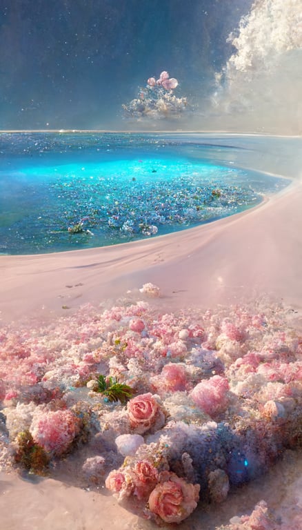 prompthunt: Blue ocean, blue sky, white beach in Maldives, pink, roses of  different sizes on the beach, blue roses, many tiny and colorful luminous  particles, Milky Way, North Pole, panoramic photography, Thomas