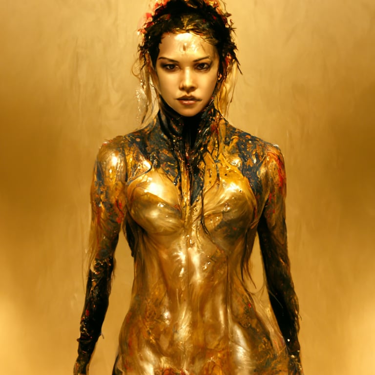 prompthunt: gold glossy paint dripping on beautiful woman full
