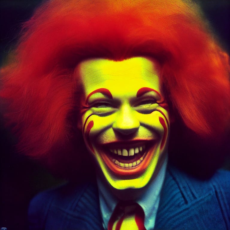ronald mcdonald laughing with children, creepy, weird, 1976, photo real
