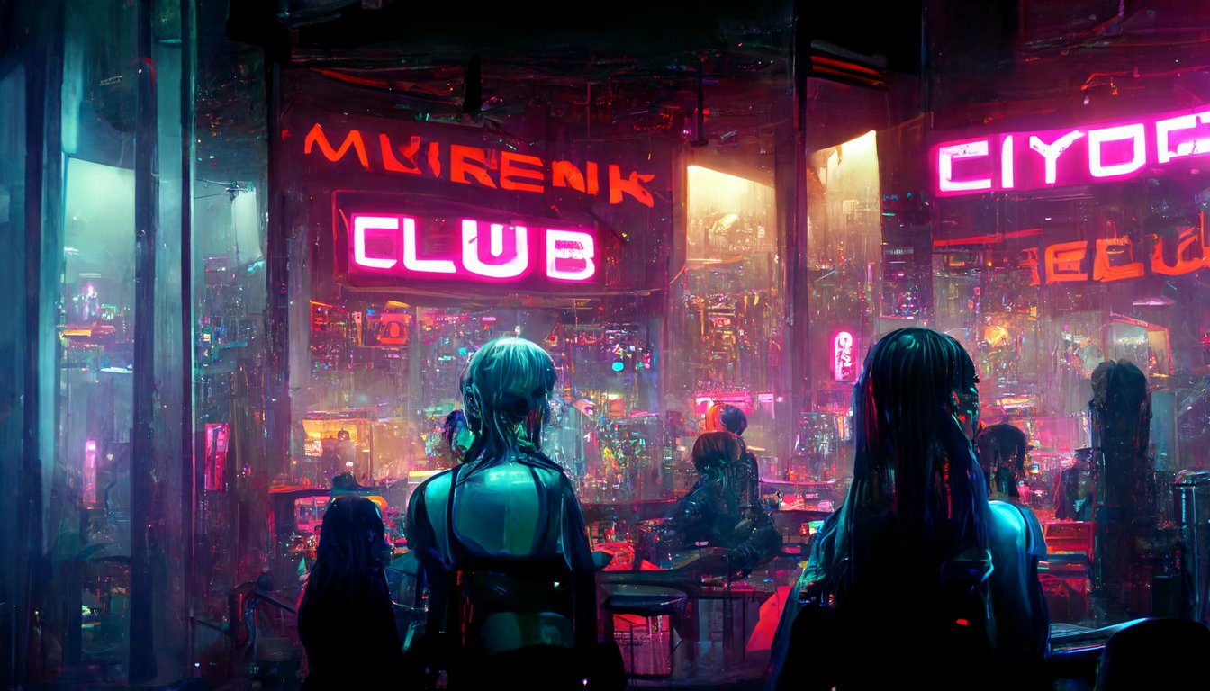 prompthunt: cyberpunk club with robot girls outside, wide angle, cinematic,  neon signs