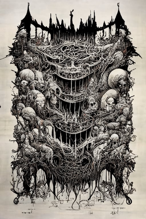 prompthunt illustration of death metal, hyper brutal, creepy, horror