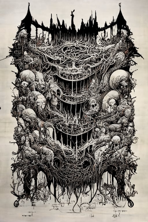 prompthunt: illustration of death metal, hyper brutal, creepy, horror,  distorted, destroyed, horror, scary, radical, macabre, flat, bold pen and ink  art, line art, intricate details, hyperdetailed, bold colors