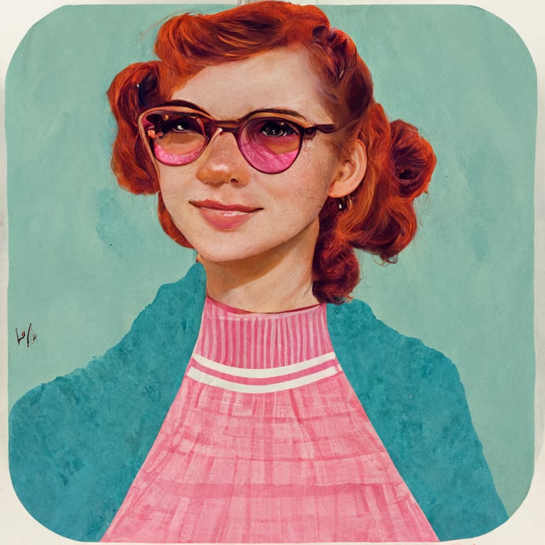 prompthunt: a beautiful redhead woman wearing retro glasses with pink ...