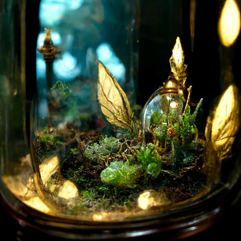 prompthunt: giant gilded elven terrarium close up, stranger plants inside,  stranger tiny creatures inside, in the style of Harry potter, high fantasy,  radiant