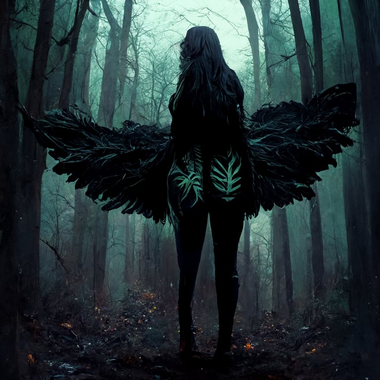 prompthunt fallen angel girl in a dark gloomy forest, kneeling down