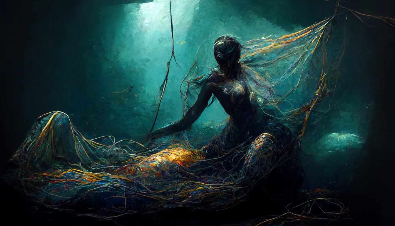 prompthunt: african supermodel mermaid tangled in a underwater fishing net,  deep ocean, art style of James Gurney, dark, moody, atmospheric, palette  knife, HD, digital painting, 8K, detailed
