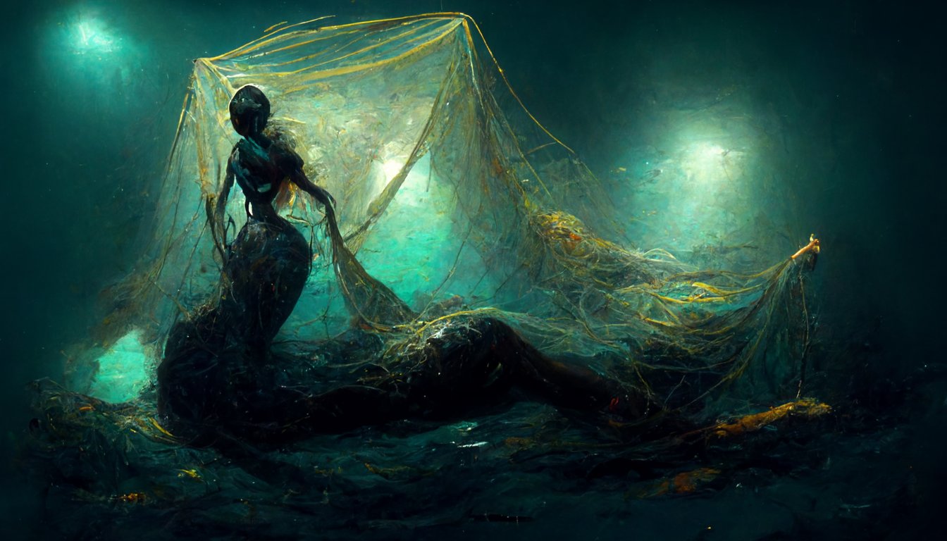 prompthunt: african supermodel mermaid tangled in a underwater fishing net,  deep ocean, art style of James Gurney, dark, moody, atmospheric, palette  knife, HD, digital painting, 8K, detailed