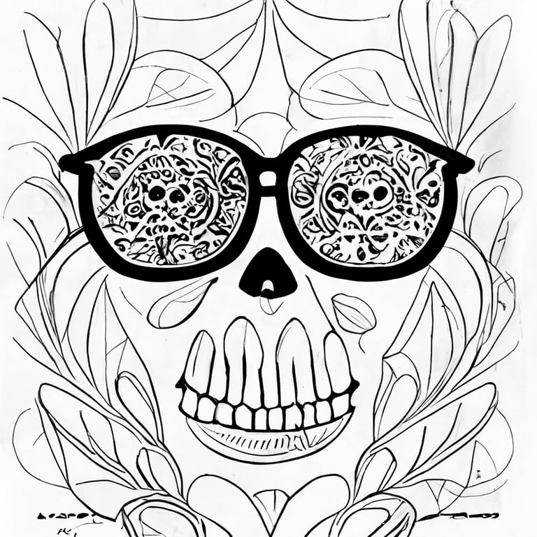 bold black and white pages, day of the dead, wearing sunglasses coloring page for adults, unplausible, printable outlined art, 25:25