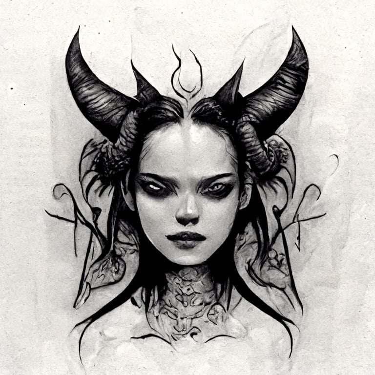beautiful young female demon with devil horns, white background, hand drawn art, black ink on canvas, highly detailed hand drawing of the full human body, act study, body tattoo art, album cover for heavy metal