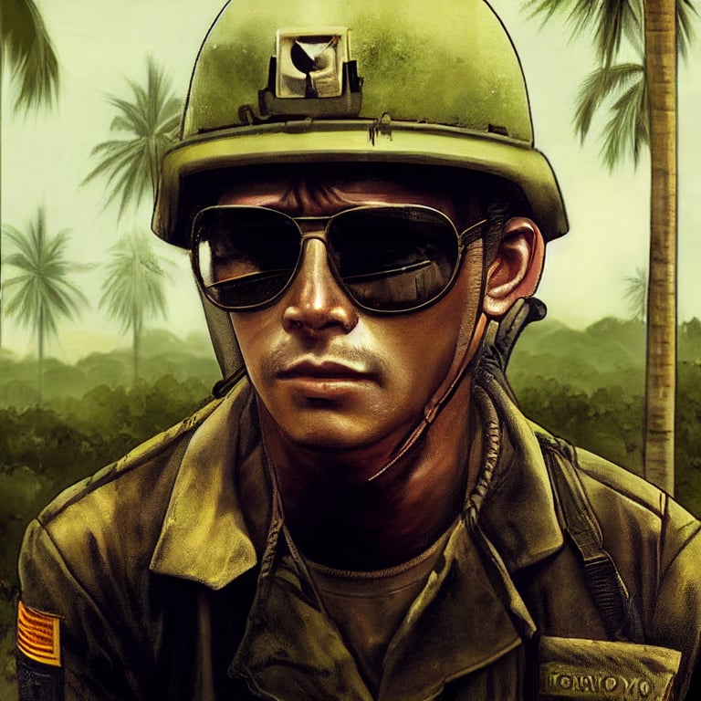 Exhausted American Soldier, Sunglasses, Vietnam war, Anime style, Vietnam war style photo, detailed, Napalm, Portrait