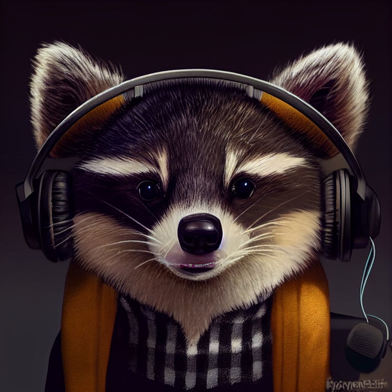 prompthunt: relaxed anthro raccoon action figure wearing headphones  listening to music, 8K, HD, album cover, anime-style,