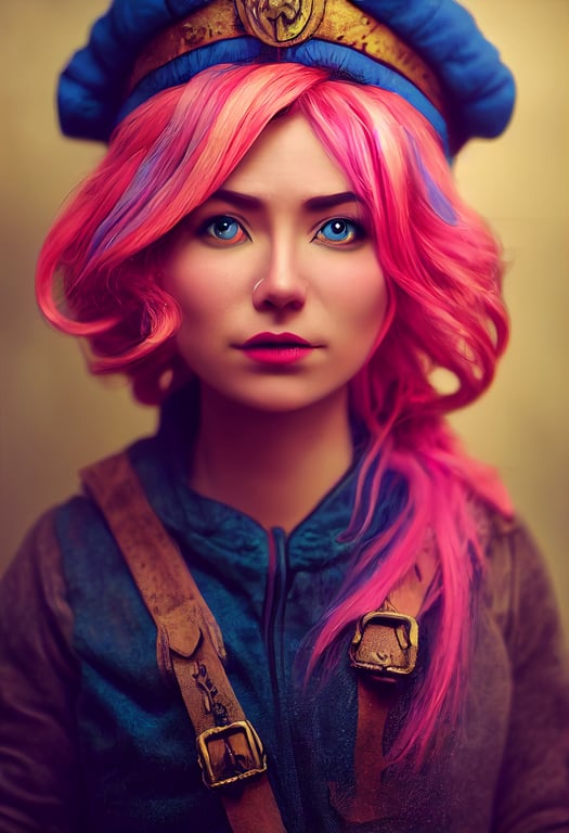portrait of young gnome artificer, female gnome with breathing mask and pink and blue hair, face and shoudler portrait, epic, fantasy, cinematic lighting, ultra-realistic, intricate detail, ultra detailed, volumetric lighting, hdr, fantasy, 4k, 8k