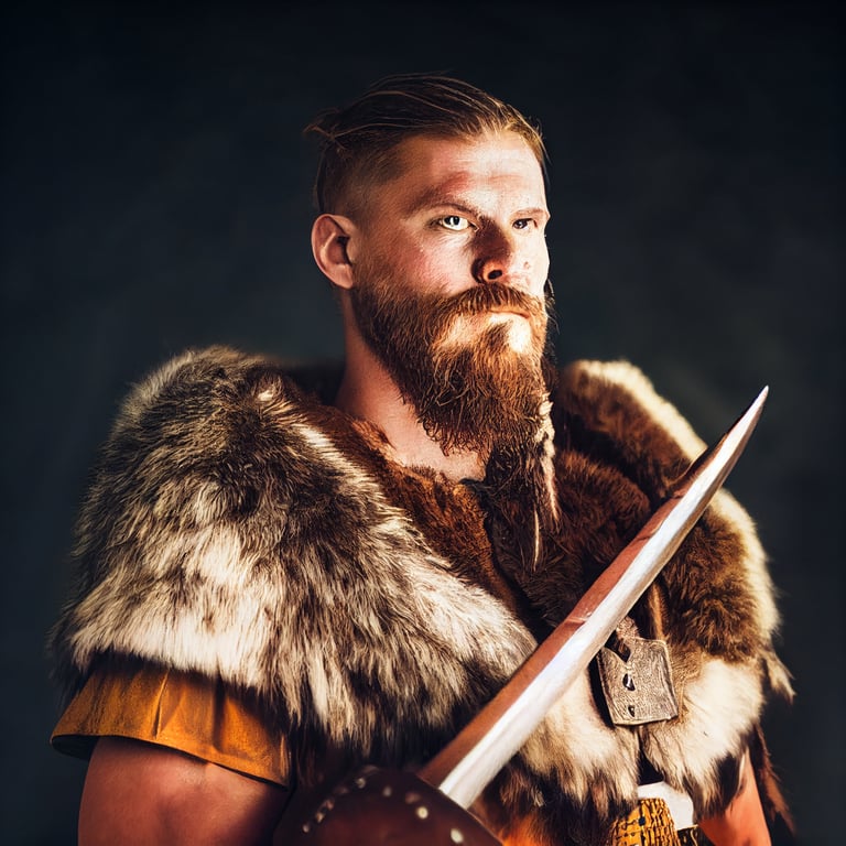 Portrait of a male viking berserker wearing bear pelt, savage mood, 85mm, 8k, cinematic light, raiding background, character portrait