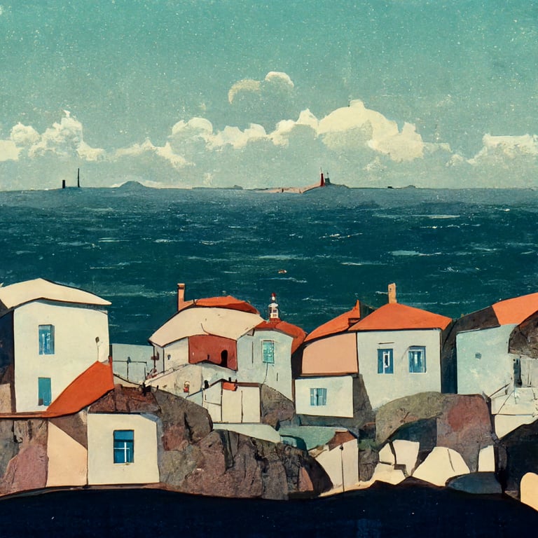 prompthunt: in the style of studio Ghibli, looking out from sea, land with  a Portugual fishing village in the background, good weather, utopian, Europe