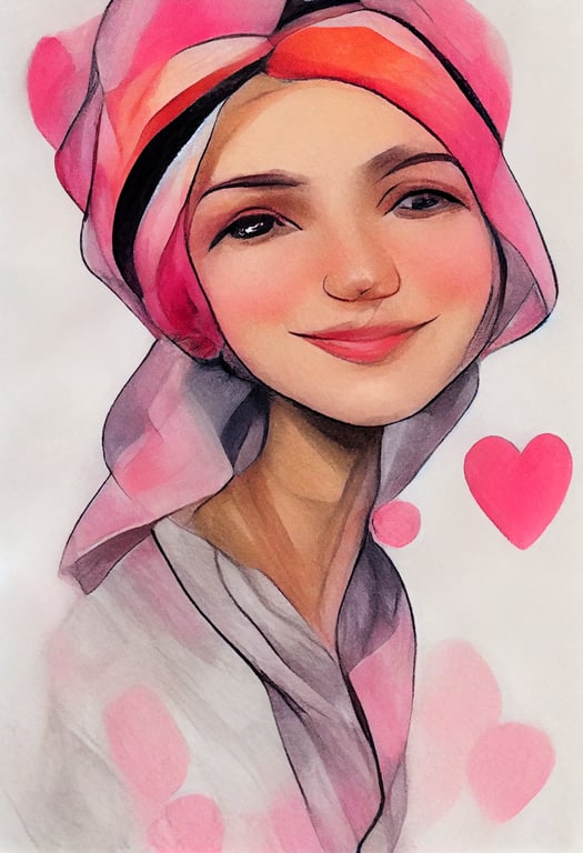 beautiful drawing of a cute and adorable woman with a pink headscarf, very soft, clean strokes, hearts, cartoon,