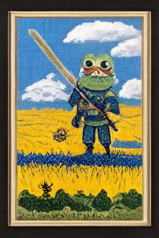 pepe the frog as a ukrainian warrior with saber, in yellow wheat field, blue sky with transparent cloud, cross stitch on linen canvas, Legend of Zelda manga cover by Akira Toriyama