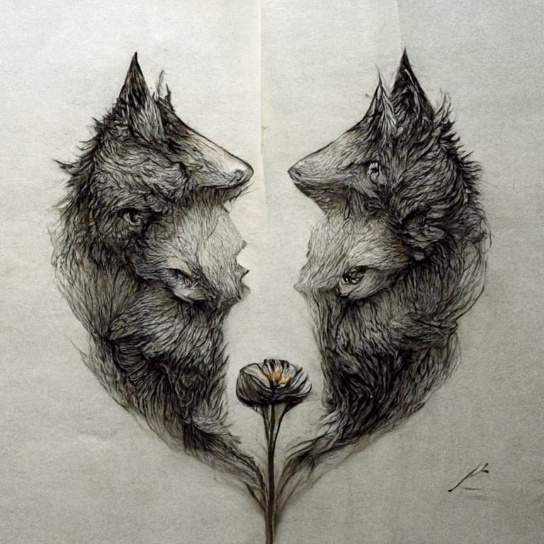 prompthunt drawing separated in two. The right half is a wolf's head