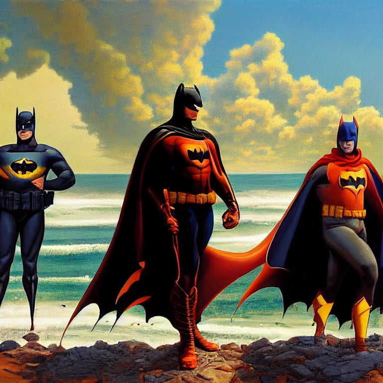 prompthunt: Batman and robin go to the beach, intricate art style, finely  detailed, Alex Ross painting style
