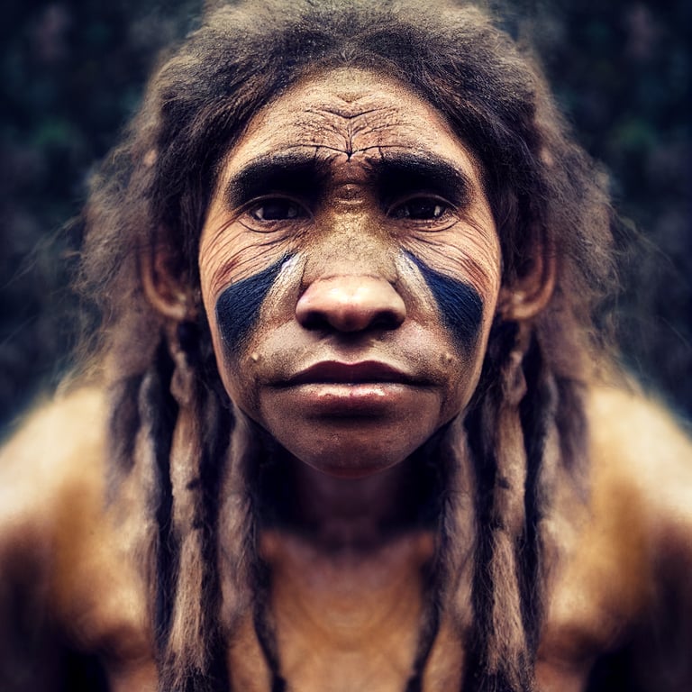 prompthunt portrait photo, young neanderthal woman, stoneage, dark