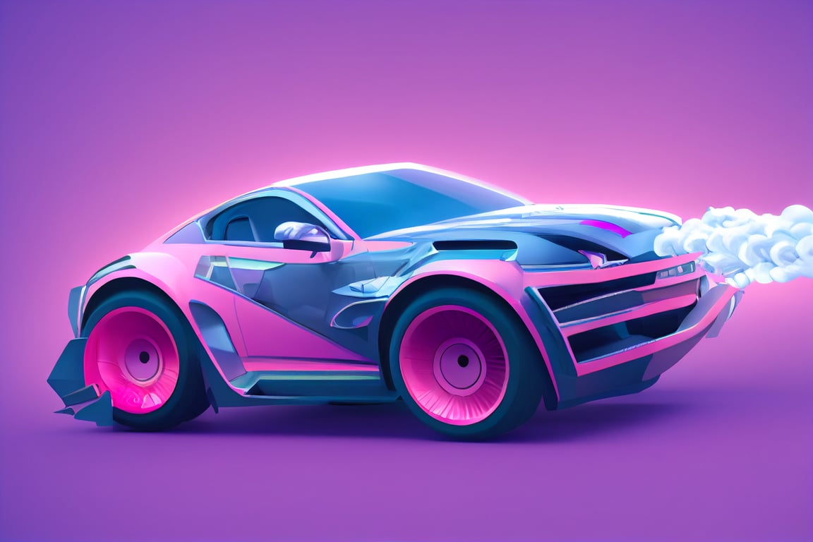 3D remote conrtol car on pink background, cartoon style, video game, smoke coming out of exhaust, concept,
