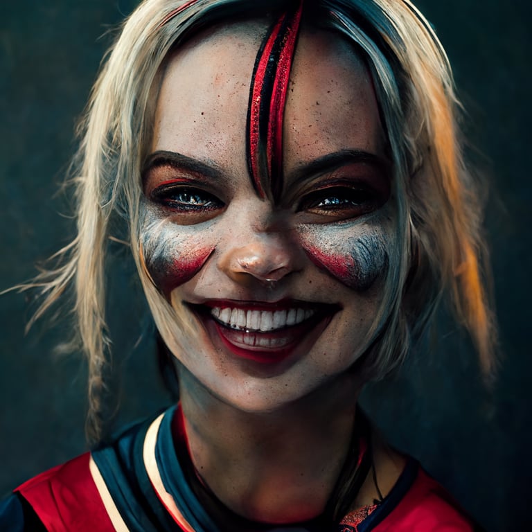 prompthunt Margot Robbie as Harley Quinn, pigtails hair, crazy evil