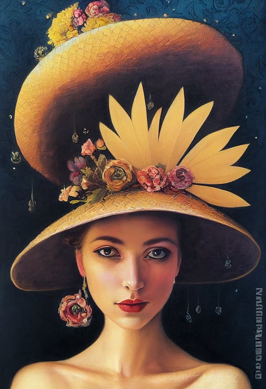 prompthunt: a painting of a woman with a large hat on her head, a surrealist  painting by Csaba Markus, cgsociety, magic realism, surrealist, rococo,  whimsical