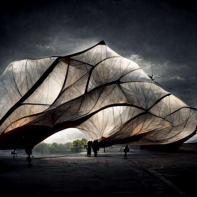 prompthunt: frei otto, tensile, butterfly wing, architecture, atmospheric,  people