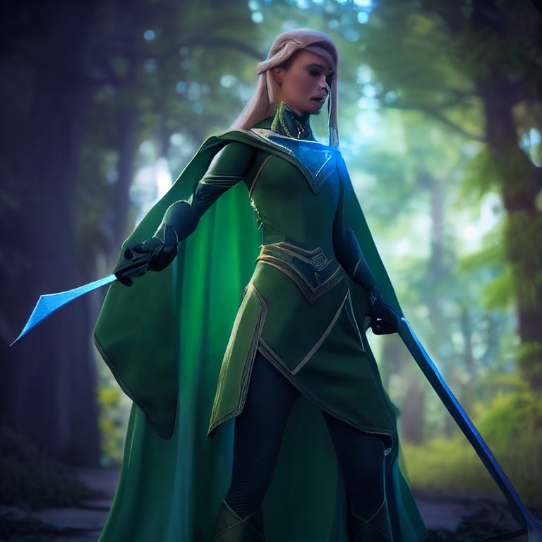 prompthunt: An elven woman, light brown hair, wearing a green cape, holding  a sword in her hand, using blue magic , ultradetailed, 4k , Unreal Engine 5