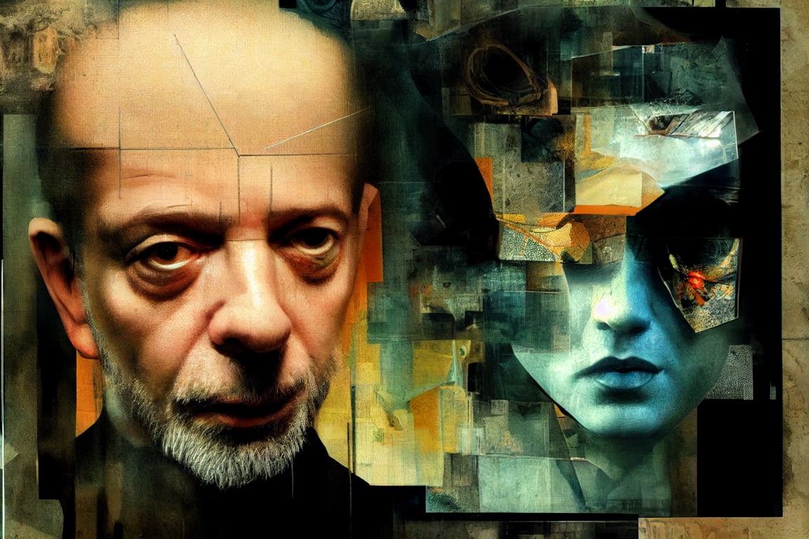 Dave Mckean contemplating the implications of Artifical Intelligence, tech network infiltrating the mind, photo collage in dave mckean style, photo realism