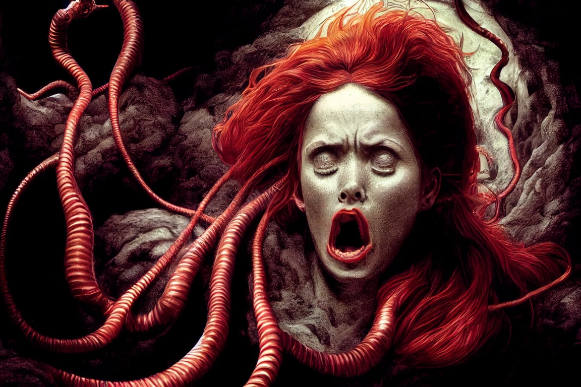 prompthunt: a giant slimy long earthworm worm with the head of a woman with  beautiful face and long messy red hair with open mouth prophetic frenzy  hysteric interior cave crypt at Delphi
