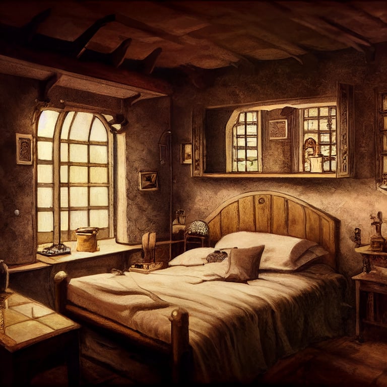 interior illustration, a medieval fantasy lodging room, bed, window, washbasin, mirror