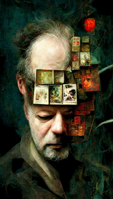 Dave Mckean contemplating the implications of Artifical Intelligence, photo collage in dave mckean style, photo realism