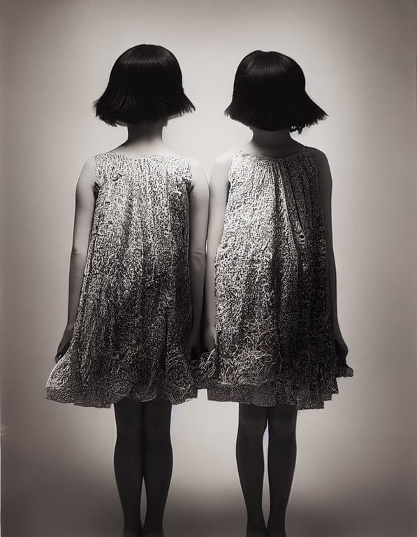 a portrait of identical twin girls, eerie, photorealistic, studio lighting, black and white, 8k, highly detailed, in the style of photographer Irving Penn