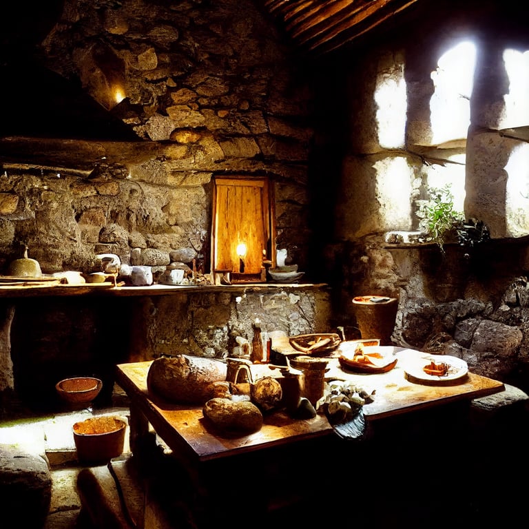 prompthunt: interior of a giant Medieval kitchen, Middle Ages, hermitage,  bread, fresh herbs, cobblestone, farm table, hearth for cooking, Ireland,  dried flowers hanging, baskets in corner, natural light, old medieval decor,  hyper