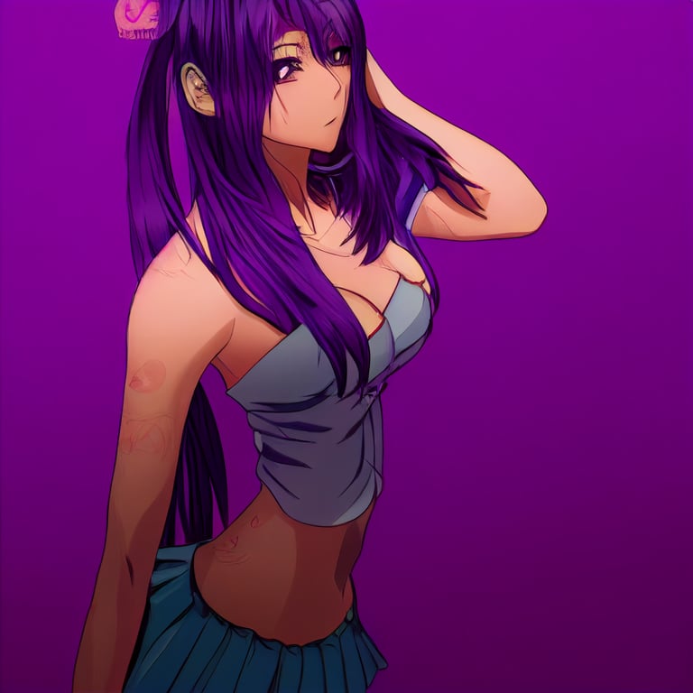 beautiful anime woman full body blue purple hair, gold hazel eyes, thin eyebrows, high cheekbones