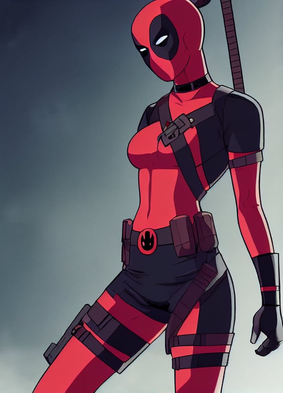 prompthunt: female Deadpool with a cropped top, midriff exposed, Cinematic  8k HDR, Anime Eyes, artwork by Garrett Hanna