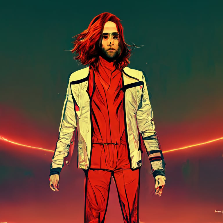 prompthunt: comic style art, cyberpunk background, jared leto male, red  long hair, dressed in red futuristic outfit with trenchoat, floating in the  air
