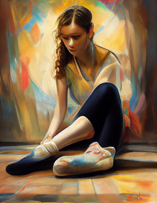 prompthunt: young girl sitting on the floor and wearing ballet shoes,  anatomical, perfect body, perfect hand, perfect face, perfect foot, perfect  leg, by Alexander Sheversky, Realism, oil painting, extremely detailed,  hyperrealism, colorful,