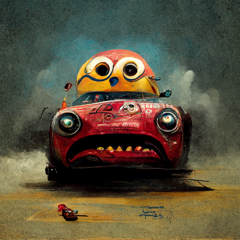 prompthunt: frustrated lightning mcqueen with tongue out being towed by a  minion wearing leather