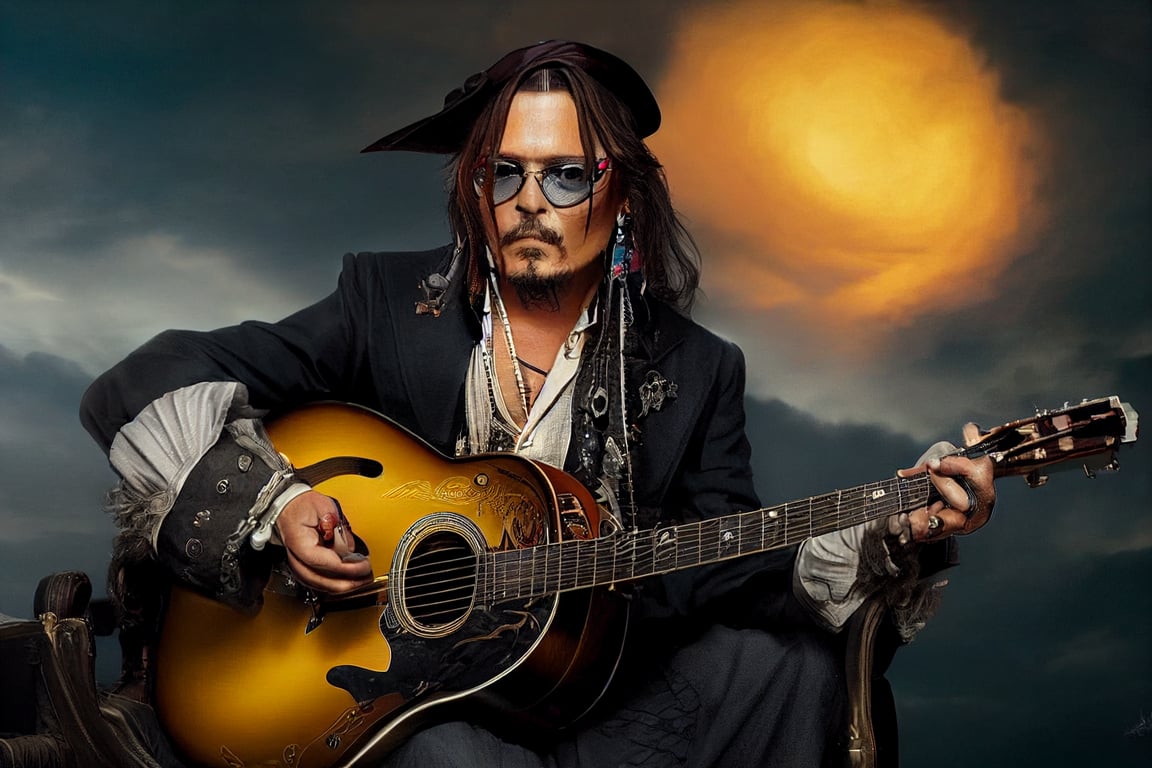 Johnny Depp playing on electic guitar on pirate ship thinderstorm very realistic, beautiful details, 8k
