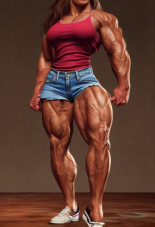 prompthunt: Digital photo image, very sharp, full body, detailed image, 4K.  A very muscular pair of legs of a gigachad bodybuilder female. She´s  wearing just cut-off jeans shorts. Her quads are hypermuscular,