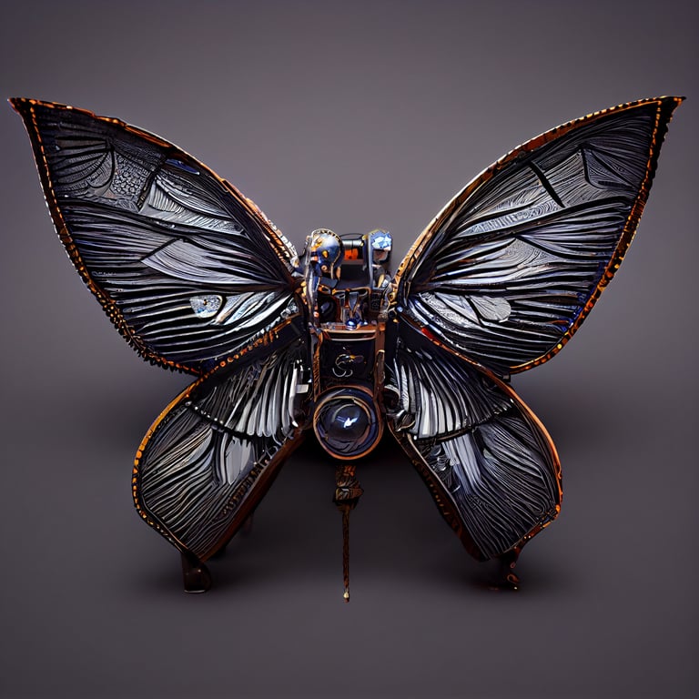 prompthunt: butterfly robot + steampunk + with light emitting on wings + on background