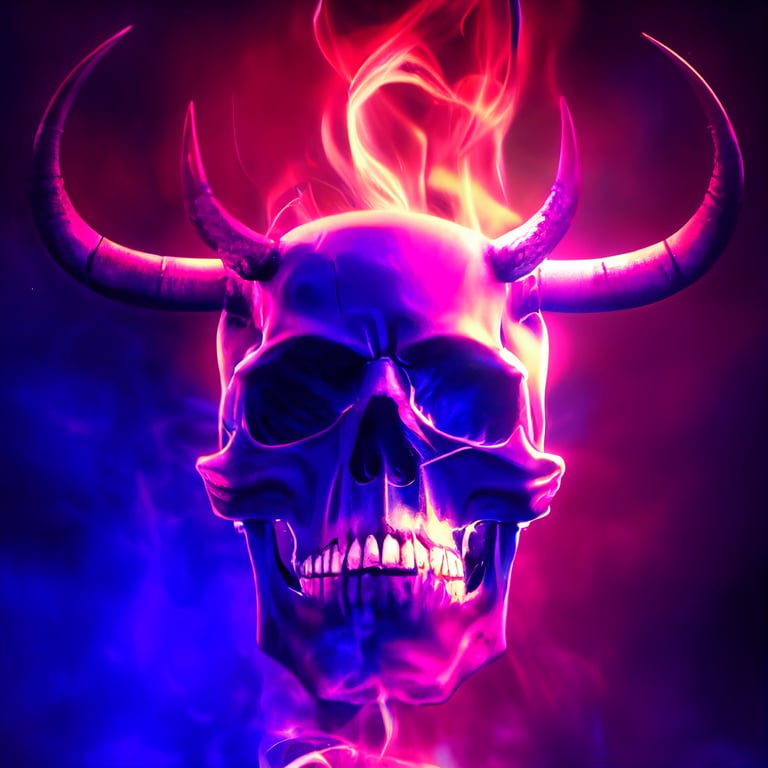 demonic skull with bull horns,blue and purple flame,hellscape background,red water,cinematic,8k