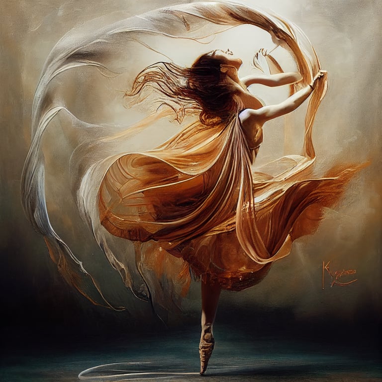 female dancer with swirling wind and light, Karol Bak art